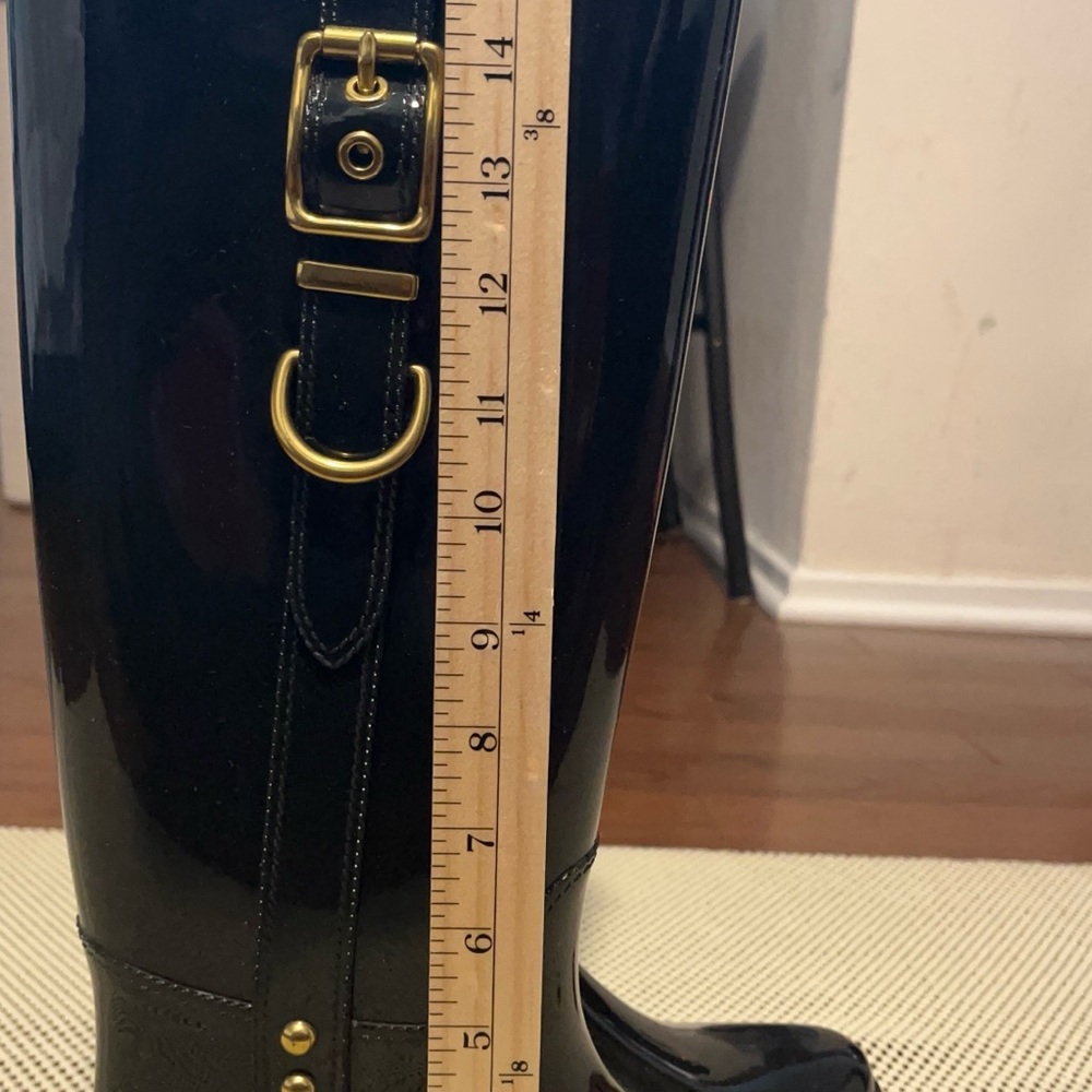 Coach Round Toe Knee High Glossy Black Rain Boots with Gold Buckle Accents SZ 8